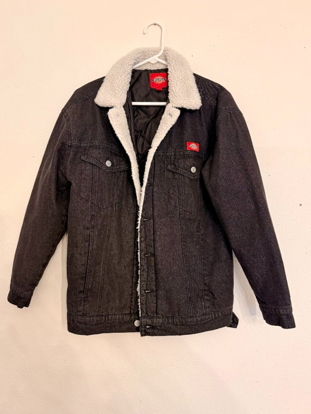 Dickies Black Denim Trucker Jacket Sherpa Collar Quilted Lined Sz XSmall Unisex